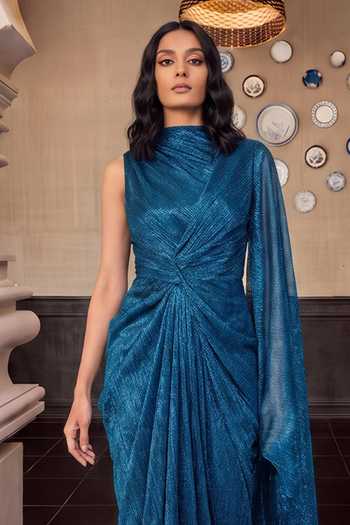 Buy House Of Fett Blue Georgette Asymmetric Neck Royale Draped Gown Online at Aza Fashions Buy_House Of Fett_Blue Georgette Asymmetric Neck Royale Draped Gown _Online_at_Aza_Fashions