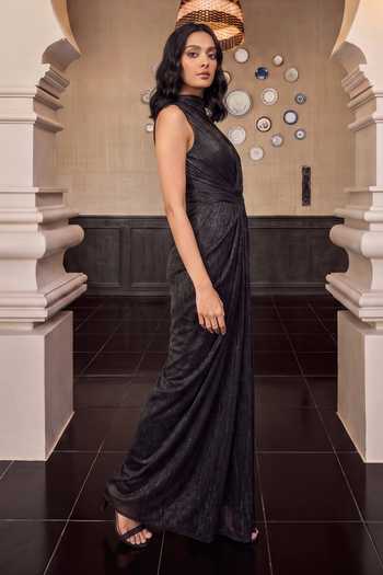 House Of Fett Black Georgette High Neck Royale Draped Gown Online at Aza Fashions House Of Fett_Black Georgette High Neck Royale Draped Gown _Online_at_Aza_Fashions