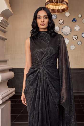 Buy House Of Fett Black Georgette High Neck Royale Draped Gown Online at Aza Fashions Buy_House Of Fett_Black Georgette High Neck Royale Draped Gown _Online_at_Aza_Fashions