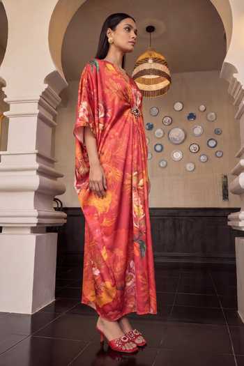 Buy House Of Fett Multi Color Satin V-neck Pink Floral Pattern Kaftan Online at Aza Fashions Buy_House Of Fett_Multi Color Satin V-neck Pink Floral Pattern Kaftan _Online_at_Aza_Fashions