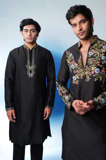 Buy House Of Koa Black Chanderi Silk, Cotton Satin House Of Monarch Placket Embroidered Kurta Set Online at Aza Fashions Buy_House Of Koa_Black Chanderi Silk, Cotton Satin House Of Monarch Placket Embroidered Kurta Set _Online_at_Aza_Fashions