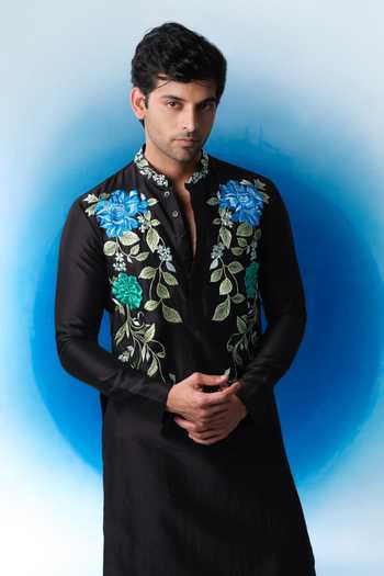 Buy House Of Koa Black Chanderi Silk Midnight Botanical Embroidered Kurta Set Online at Aza Fashions Buy_House Of Koa_Black Chanderi Silk Midnight Botanical Embroidered Kurta Set _Online_at_Aza_Fashions