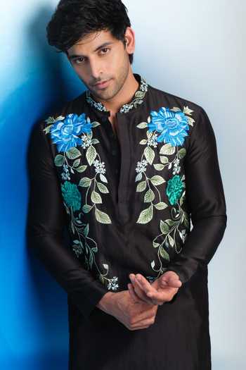 Shop House Of Koa Black Chanderi Silk Midnight Botanical Embroidered Kurta Set Online at Aza Fashions Shop_House Of Koa_Black Chanderi Silk Midnight Botanical Embroidered Kurta Set _Online_at_Aza_Fashions