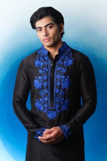Buy House Of Koa Black Chanderi Silk Sapphire Bloom Embroidered Kurta Set Online at Aza Fashions Buy_House Of Koa_Black Chanderi Silk Sapphire Bloom Embroidered Kurta Set _Online_at_Aza_Fashions