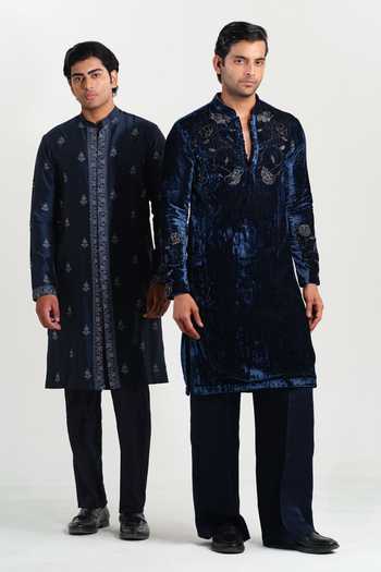 Buy House Of Koa Navy Chanderi Silk, Cotton Satin Imperial Royal Embroidered Kurta Set Online at Aza Fashions Buy_House Of Koa_Navy Chanderi Silk, Cotton Satin Imperial Royal Embroidered Kurta Set _Online_at_Aza_Fashions