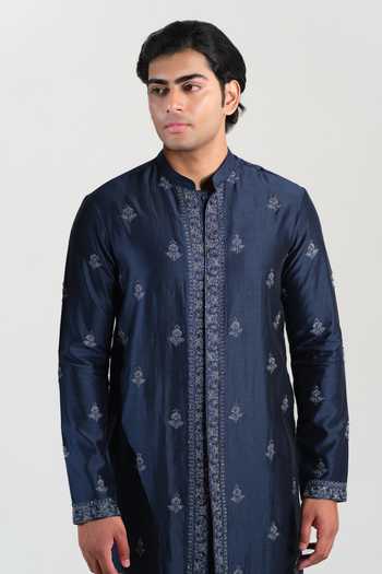 Shop House Of Koa Navy Chanderi Silk, Cotton Satin Imperial Royal Embroidered Kurta Set Online at Aza Fashions Shop_House Of Koa_Navy Chanderi Silk, Cotton Satin Imperial Royal Embroidered Kurta Set _Online_at_Aza_Fashions