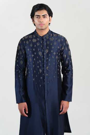 House Of Koa Blue Chanderi Silk, Cotton Satin Navy Oblique Embroidered Kurta Set Online at Aza Fashions House Of Koa_Blue Chanderi Silk, Cotton Satin Navy Oblique Embroidered Kurta Set _Online_at_Aza_Fashions