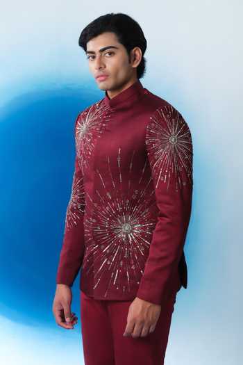 House Of Koa Silver , Linen, Cotton Embroidery, Crimson Nova Bandhgala Set Online at Aza Fashions House Of Koa_Silver , Linen, Cotton Embroidery, Crimson Nova Bandhgala Set _Online_at_Aza_Fashions