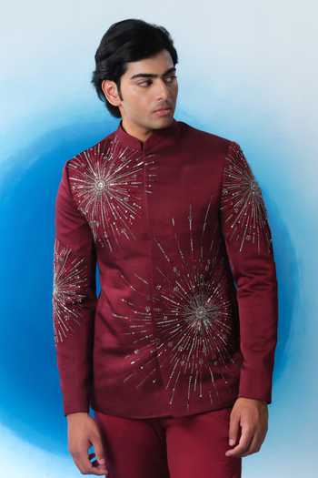 House Of Koa Crimson Nova Embroidered Bandhgala Set 