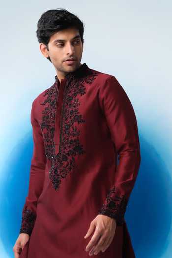 House Of Koa Maroon Satin, Linen Crimson Twilight Embroidered Kurta Set Online at Aza Fashions House Of Koa_Maroon Satin, Linen Crimson Twilight Embroidered Kurta Set _Online_at_Aza_Fashions