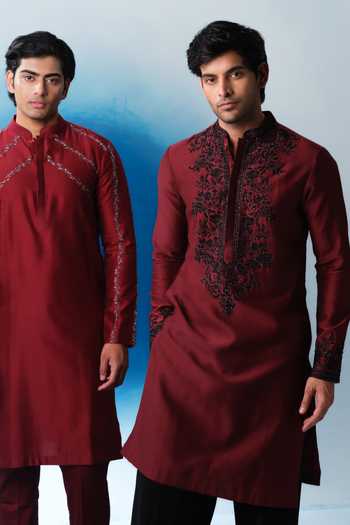 Shop House Of Koa Maroon Satin, Linen Crimson Twilight Embroidered Kurta Set Online at Aza Fashions Shop_House Of Koa_Maroon Satin, Linen Crimson Twilight Embroidered Kurta Set _Online_at_Aza_Fashions