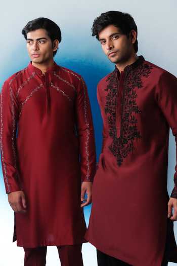 Buy House Of Koa Maroon Chanderi Silk, Cotton Satin Scarlet Garden Embroidered Kurta Set Online at Aza Fashions Buy_House Of Koa_Maroon Chanderi Silk, Cotton Satin Scarlet Garden Embroidered Kurta Set _Online_at_Aza_Fashions