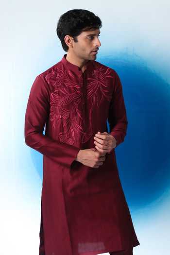 Buy House Of Koa Maroon Chanderi Silk, Cotton Satin Crimson Bloom Embroidered Kurta Set Online at Aza Fashions Buy_House Of Koa_Maroon Chanderi Silk, Cotton Satin Crimson Bloom Embroidered Kurta Set _Online_at_Aza_Fashions