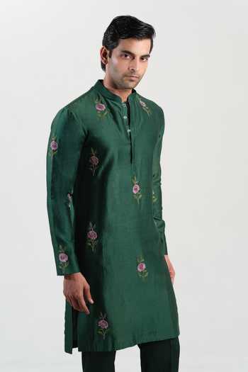 Buy House Of Koa Green Chanderi Silk, Cotton Satin Emerald Bloom Embroidered Kurta Set Online at Aza Fashions Buy_House Of Koa_Green Chanderi Silk, Cotton Satin Emerald Bloom Embroidered Kurta Set _Online_at_Aza_Fashions