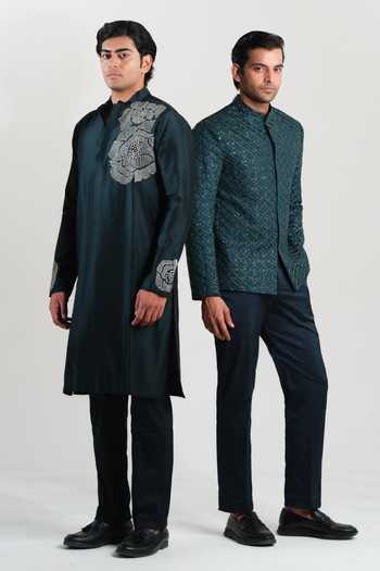 Buy House Of Koa Green Satin, Linen, Cotton Embroidery Sylvan Bandhgala Set Online at Aza Fashions Buy_House Of Koa_Green Satin, Linen, Cotton Embroidery Sylvan Bandhgala Set _Online_at_Aza_Fashions
