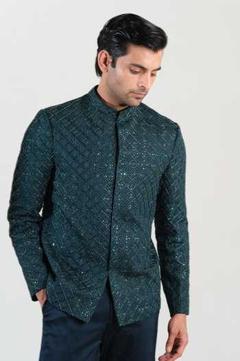 Shop House Of Koa Green Satin, Linen, Cotton Embroidery Sylvan Bandhgala Set Online at Aza Fashions Shop_House Of Koa_Green Satin, Linen, Cotton Embroidery Sylvan Bandhgala Set _Online_at_Aza_Fashions