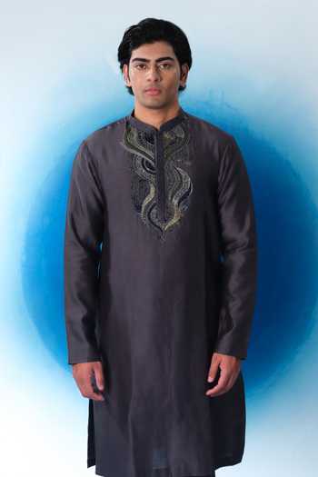 Buy House Of Koa Grey Chanderi Silk, Cotton Satin Hand Embroidered Kurta And Pant Set Online at Aza Fashions Buy_House Of Koa_Grey Chanderi Silk, Cotton Satin Hand Embroidered Kurta And Pant Set _Online_at_Aza_Fashions