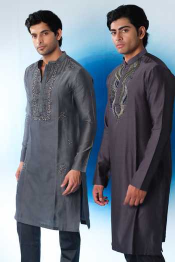 Shop House Of Koa Grey Chanderi Silk, Cotton Satin Hand Embroidered Kurta And Pant Set Online at Aza Fashions Shop_House Of Koa_Grey Chanderi Silk, Cotton Satin Hand Embroidered Kurta And Pant Set _Online_at_Aza_Fashions