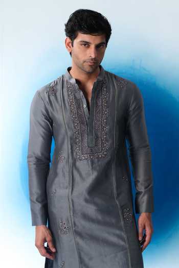 Buy House Of Koa Grey Chanderi Silk, Cotton Satin Embroidered Kurta Set Online at Aza Fashions Buy_House Of Koa_Grey Chanderi Silk, Cotton Satin Embroidered Kurta Set _Online_at_Aza_Fashions