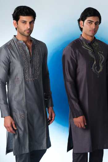 Shop House Of Koa Grey Chanderi Silk, Cotton Satin Embroidered Kurta Set Online at Aza Fashions Shop_House Of Koa_Grey Chanderi Silk, Cotton Satin Embroidered Kurta Set _Online_at_Aza_Fashions