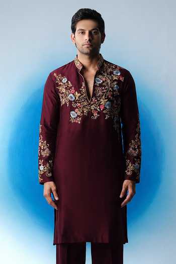 House Of Koa Wine Twilight Bloom Embroidered Kurta Set 