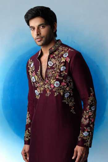 House Of Koa Wine Chanderi Silk Twilight Bloom Embroidered Kurta Set Online at Aza Fashions House Of Koa_Wine Chanderi Silk Twilight Bloom Embroidered Kurta Set _Online_at_Aza_Fashions