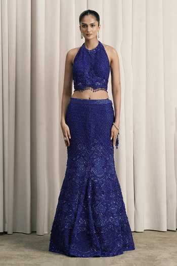 Istya Blue Net Halter Neck Embroidered Fishcut Lehenga Set Online at Aza Fashions Istya_Blue Net Halter Neck Embroidered Fishcut Lehenga Set _Online_at_Aza_Fashions