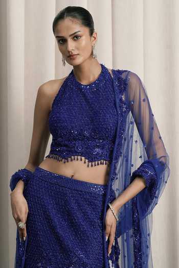 Shop Istya Blue Net Halter Neck Embroidered Fishcut Lehenga Set Online at Aza Fashions Shop_Istya_Blue Net Halter Neck Embroidered Fishcut Lehenga Set _Online_at_Aza_Fashions