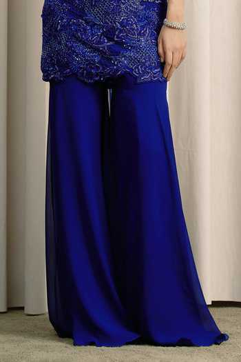 Istya_Blue Georgette, Net High Neck Embellished Top Sharara Set _Online_at_Aza_Fashions