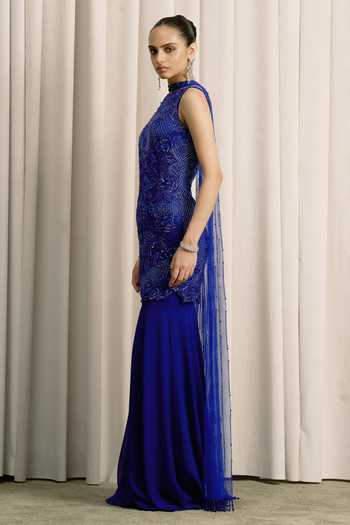Buy_Istya_Blue Georgette, Net High Neck Embellished Top Sharara Set _Online_at_Aza_Fashions
