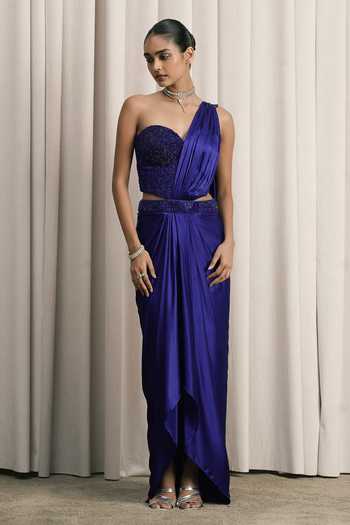Istya Satin Pre-Draped Saree With Embroidered Blouse 