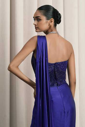 Istya Satin Pre-Draped Saree With Embroidered Blouse 