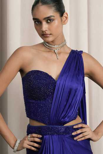 Buy_Istya_Blue Organza, Satin Beads, Crystals Pre-draped Saree With Embroidered Blouse _Online_at_Aza_Fashions