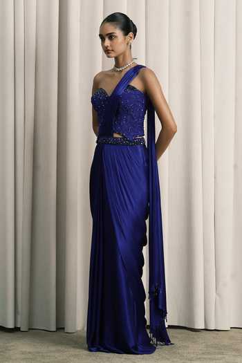 Istya Blue Satin, Chantilly Crystals Sweetheart Pre-draped Saree With Work Blouse Online at Aza Fashions Istya_Blue Satin, Chantilly Crystals Sweetheart Pre-draped Saree With Work Blouse _Online_at_Aza_Fashions