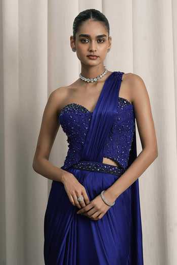 Buy Istya Blue Satin, Chantilly Crystals Sweetheart Pre-draped Saree With Work Blouse Online at Aza Fashions Buy_Istya_Blue Satin, Chantilly Crystals Sweetheart Pre-draped Saree With Work Blouse _Online_at_Aza_Fashions