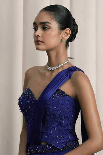 Shop Istya Blue Satin, Chantilly Crystals Sweetheart Pre-draped Saree With Work Blouse Online at Aza Fashions Shop_Istya_Blue Satin, Chantilly Crystals Sweetheart Pre-draped Saree With Work Blouse _Online_at_Aza_Fashions