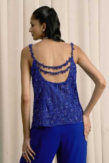 Buy_Istya_Blue Georgette, Net Sweetheart Neck Crystal Embellished Top And Pant Set _Online_at_Aza_Fashions
