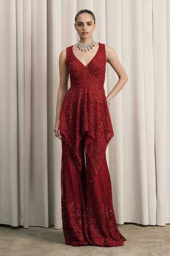 Istya Red Net V-neck Embroidered Jacket Sharara Set Online at Aza Fashions Istya_Red Net V-neck Embroidered Jacket Sharara Set _Online_at_Aza_Fashions