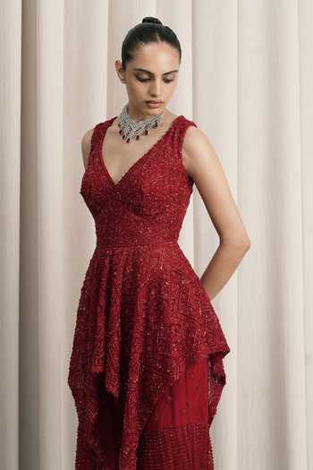 Buy Istya Red Net V-neck Embroidered Jacket Sharara Set Online at Aza Fashions Buy_Istya_Red Net V-neck Embroidered Jacket Sharara Set _Online_at_Aza_Fashions