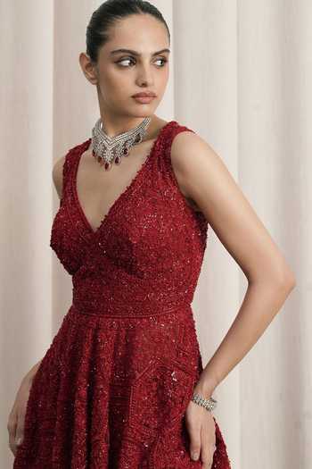 Shop Istya Red Net V-neck Embroidered Jacket Sharara Set Online at Aza Fashions Shop_Istya_Red Net V-neck Embroidered Jacket Sharara Set _Online_at_Aza_Fashions
