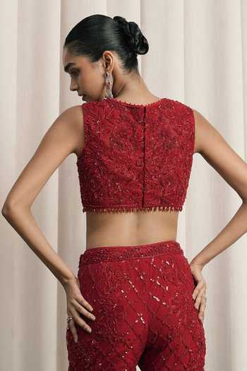 Istya Red Net Embroidery, Sequins V-neck Hand Jacket Palazzo Set Online at Aza Fashions Istya_Red Net Embroidery, Sequins V-neck Hand Jacket Palazzo Set _Online_at_Aza_Fashions