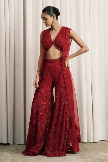 Buy Istya Red Net Embroidery, Sequins V-neck Hand Jacket Palazzo Set Online at Aza Fashions Buy_Istya_Red Net Embroidery, Sequins V-neck Hand Jacket Palazzo Set _Online_at_Aza_Fashions
