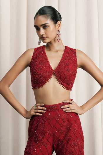 Shop Istya Red Net Embroidery, Sequins V-neck Hand Jacket Palazzo Set Online at Aza Fashions Shop_Istya_Red Net Embroidery, Sequins V-neck Hand Jacket Palazzo Set _Online_at_Aza_Fashions