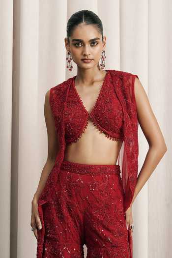Istya Red Net Embroidery, Sequins V-neck Hand Jacket Palazzo Set at Aza Fashions Istya_Red Net Embroidery, Sequins V-neck Hand Jacket Palazzo Set _at_Aza_Fashions
