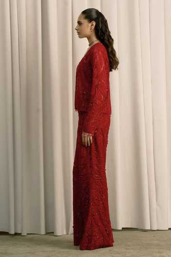 Istya_Red Net, Lace, Chantilly Sweetheart Neck, Sequin Embroidered Jacket Pant Set _Online_at_Aza_Fashions