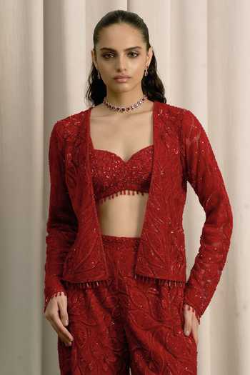 Buy_Istya_Red Net, Lace, Chantilly Sweetheart Neck, Sequin Embroidered Jacket Pant Set _Online_at_Aza_Fashions