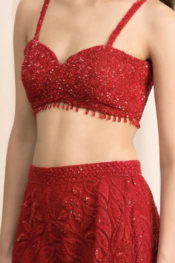 Shop_Istya_Red Net, Lace, Chantilly Sweetheart Neck, Sequin Embroidered Jacket Pant Set _Online_at_Aza_Fashions