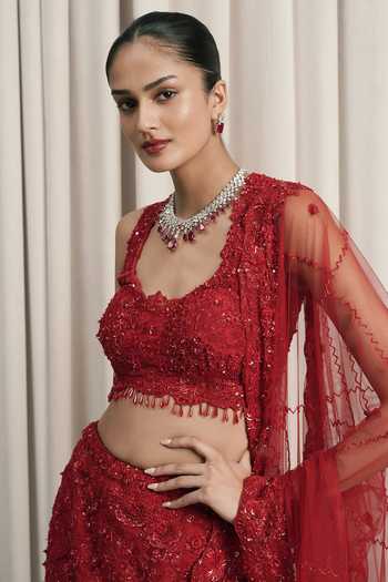 Buy_Istya_Red Net, Chantilly, Lace Sweetheart Neck Embroidered Blouse Lehenga Set _Online_at_Aza_Fashions