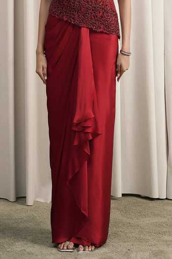 Istya Red Organza, Satin V-neck Stone Embellished Top Skirt Set Online at Aza Fashions Istya_Red Organza, Satin V-neck Stone Embellished Top Skirt Set _Online_at_Aza_Fashions