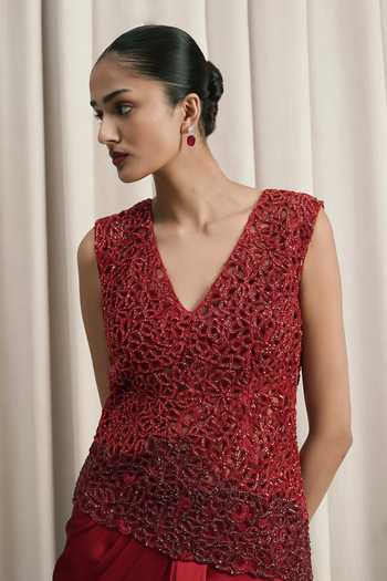 Buy Istya Red Organza, Satin V-neck Stone Embellished Top Skirt Set Online at Aza Fashions Buy_Istya_Red Organza, Satin V-neck Stone Embellished Top Skirt Set _Online_at_Aza_Fashions